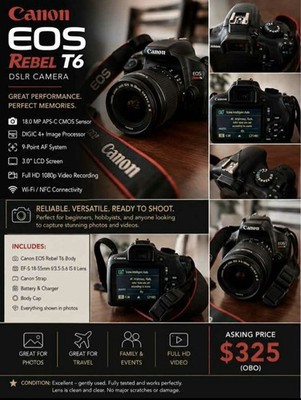 Canon EOS Rebel T6 DSLR 18MP Wi-Fi/NFC Full HD w/ EF-S 18-55mm Lens