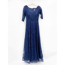 New La Femme 28053 Floral Embroidered Mesh A- Line Gown in Navy Blue Size 10/8