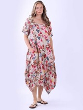 New Italian Ladies Floral Print Dress Women Short Sleeve Balloon Hem Linen Dress