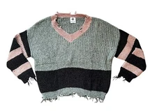 Sage Green Blush Pink Black Sweater Distressed Fringe Striped Soft Knit LARGE
