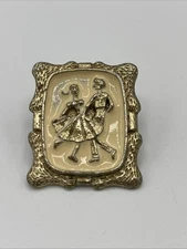 Vintage Scarf Clip Dancing Couple Gold Tone Metal Dancers Beige Enamel 1.25”
