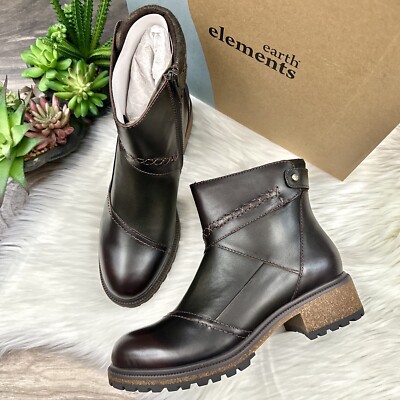 NIB Earth Elements Taylen Boot Bootie Lug Sole Patchwork Leather Walnut 8M