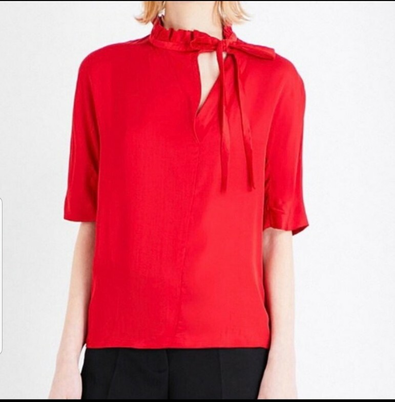 Sandro Red Angie Satin Asymmetric Tie Neck Short Sleeve Blouse NWT Sz Large