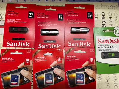 7 X Mix SanDisk Cruzer Glide USB 2.0 Flash Drive 32 GB & SDHC Card 16 GB