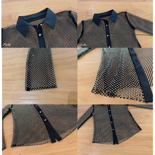 Lady Rhinestone Crystal Shirt Party Blouse Net Sheer Shiny Glitter Club Wear - Picture 13 of 16