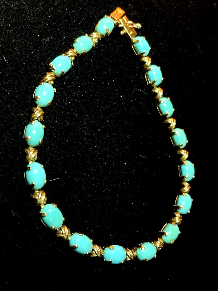 14K 金手镯 自然睡眠 美女 TURQUOISE 墨西哥宝石 7.75L — 第 3/4 张图片