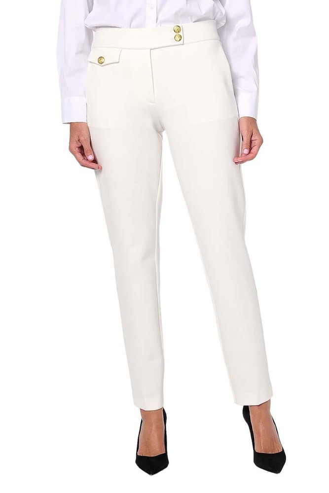 Tailored by Susan Graver Slim Leg Pants w/ Button Vintage Ivory