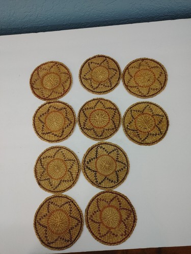 Vintage Rattan Korb Untersetzer Gewebt Boho Hellbraun Rot 10er Set - Bild 1 von 12