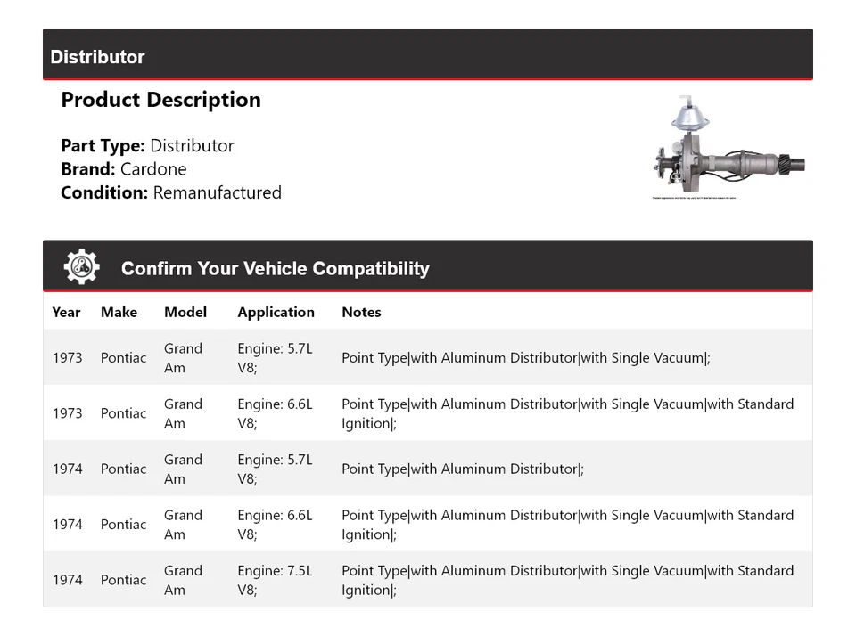 Pontiac Grand Am 1973-1974 distribuidor cardone Foto 2 de 4