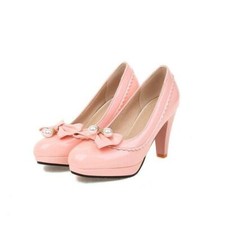 Women's Beads Pearls Bowknot Pumps Mid Heel Platform Leather Shoes Dress Wedding