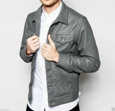 NOORA Mens Lambskin Leather Motorcycle Jacket, Grey Denim Style Trucker Jacket