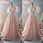 Fairy Light Pink Wedding Dresses with Short Sleeves V Neck Lace Appliques Bridal