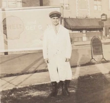 Shell Gas Station Mechanic In Uniform Shell Hat in Front of Shell Sign 1933