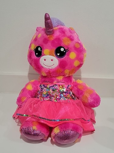 Build-A-Bear BAB 18" Unicorn Plush Toy Sparkly Hot Pink Yellow Polka Dots EUC