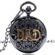 Retro Hollow DAD Mechanical Hand Wind Pocket Watch Pendant Chain Gift to Father