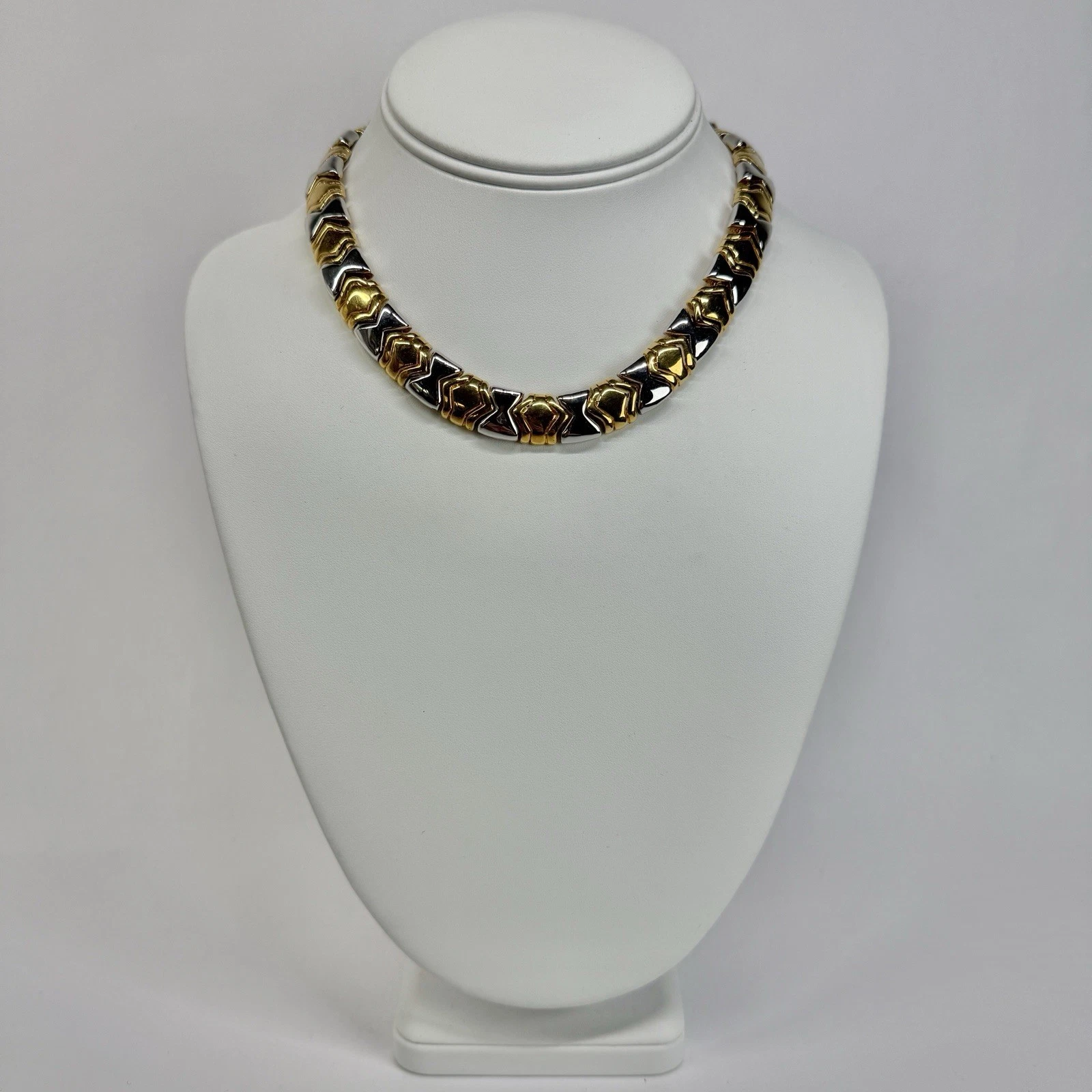 Elegant Panel Link Chain Choker Two Tone Vintage Necklace Jewelry N464