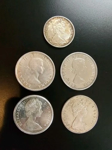 Lot of 5 Canadian Coins, 80% Silver, VG