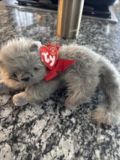 Ty Beani 2000 Gray Furry Beanie Baby Persian Cat Gold Eyes And Red Ribbon