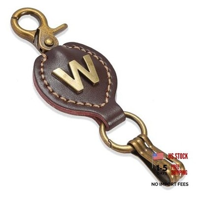 Initial Letter Keychain Brown Leather Alphabet Keychain with Easy Clasp, Key W