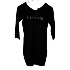 Bebe Womens Black Studded Logo V-Neck Ribbed Knit Mini Sweater Dress S Y2K