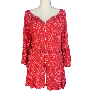 Beach Lunch Lounge Red Floral Boho Mini Dress Tunic Button Down Size Medium