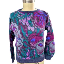 Vtg 80s 90s Purple Grape Abstract Acrylic/Angora Soft Fuzzy Sweater Womens M