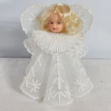VTG Handmade Crochet Angel Christmas Tree Topper Figurine Blonde Beaded Canvas