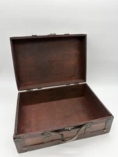 Vintage Style Wooden Decorative Suitcase Box Faux Leather Straps Handle Decor