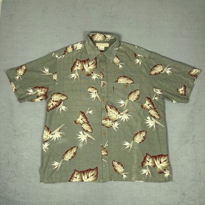 Vintage Island Republic Silk Hawaiian Shirt Bird of Paradise Leaf Green XL