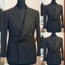 Men Black Stripe Double Breasted Peak Lapel Party Prom Groom Tuxedo Wedding Suit