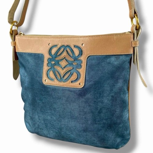 LOEWE Anagram Blue Leather Shoulder Bag Vintage Crossbody Gold Authentic