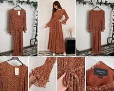 Press Pay Rust/White Chiffon Floral Maxi Dress Long Bell Sleeve Tie Waist S