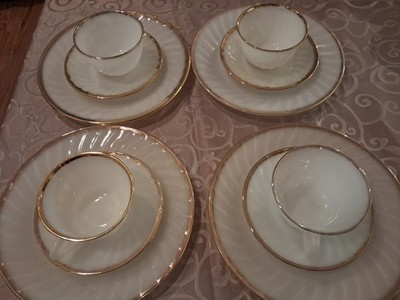 Vintage Anchor Hocking Milk Glass 4 Place Setting FIRE KING Swirl Gold Rim 12Pc