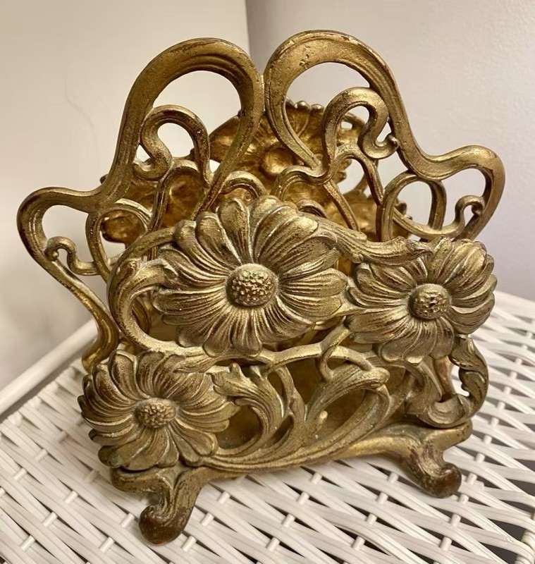 Vintage Metal Brass Toned Metal Sunflower Motif  Letter Or Napkin Holder