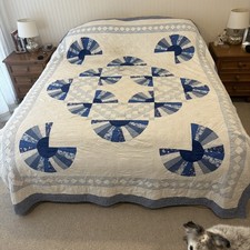 Vintage Quilt Patchwork Hand Fan Block Pattern 90 x110 Hand Made Cotton Blue