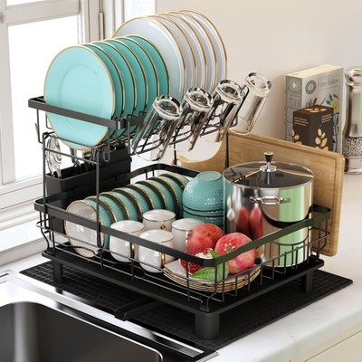 Schwarzer Edelstahl Geschirrabtropfer - 2 Ebenen, Tropfschale, Trockenmatte