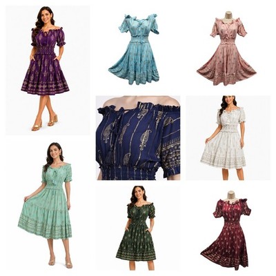 Damen Bohemian Viskose Krepp knielanges Kleid Schulterfrei Taschen Einheitsgröße