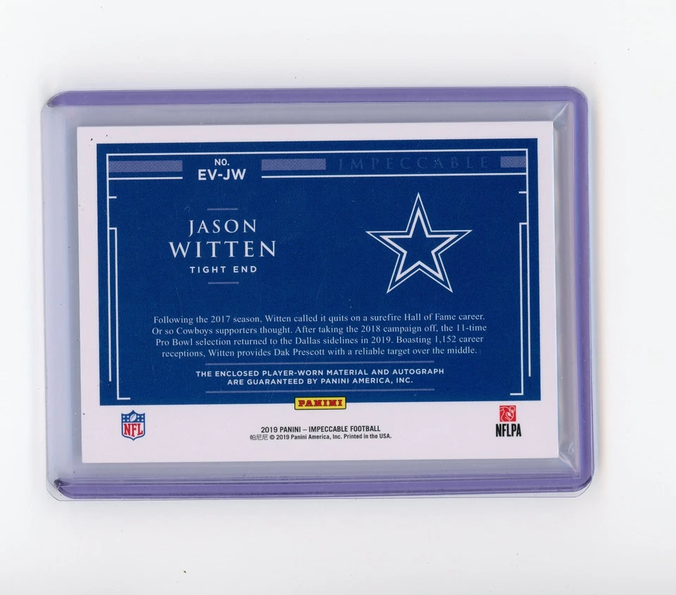 Panini Impeccable Jason Witten 2019 #EV-JW parche de 2 colores automático/75 Cowboys (D) Foto 2 de 2