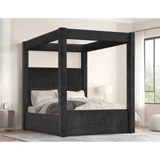 California King Upholstered Canopy Bed Fully Slatted Wood Frame Floor Bed, Black