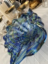 MURANO  Glass Basket Scalloped Edges Swirls Of Blue/green Gold