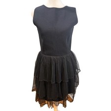 English Factory Black Tulle Tiered Mini Dress Sz M V-Back Sleeveless Balletcore