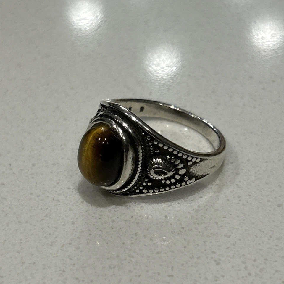 Anillo para mujer de plata de ley 925 con ojo de tigre natural piedra ovalada talla 9” Foto 3 de 4
