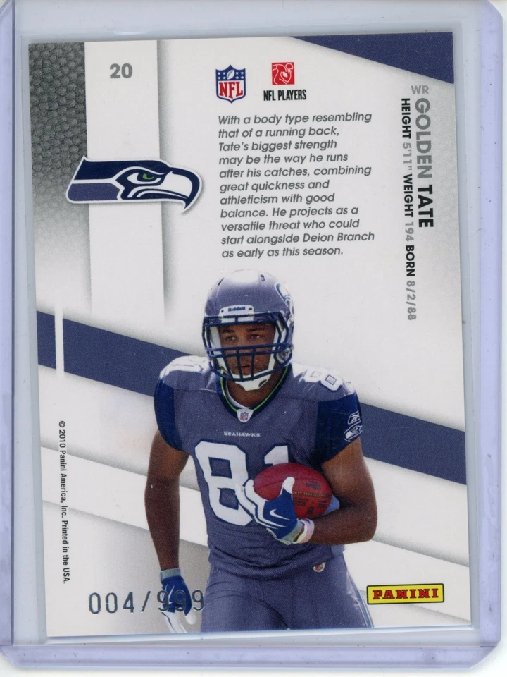 2010 Certified - #20 Golden Tate (RC) Certified Potential /999 Seattle Seahawks - Image 2 of 2