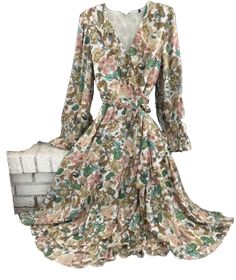 Buffalo David Bitton Very Flowy Floral Print Long Sleeve Wrap Midi Dress Sz M/L - Image 3 of 4