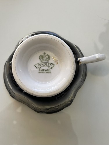 Aynsley England Porcelain Cup And Saucer Black Dogwood Flowers Gold - Picture 21 of 22