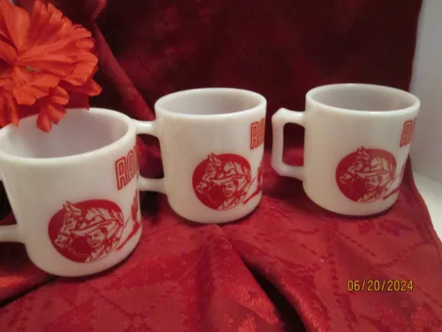 1950's  Hazel-Atlas Glass Co Ranger Joe kids mugs (3) Milk glass/red decals