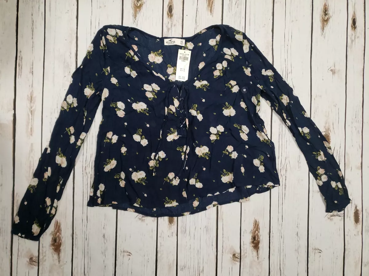 Women's Hollister Long Sleeve Crop Top Size XS Navy Floral NEW NWT