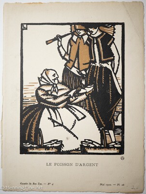 Antique French Art Deco Woodcut Illustration ''Le Poisson D'Argent'' from Magazine