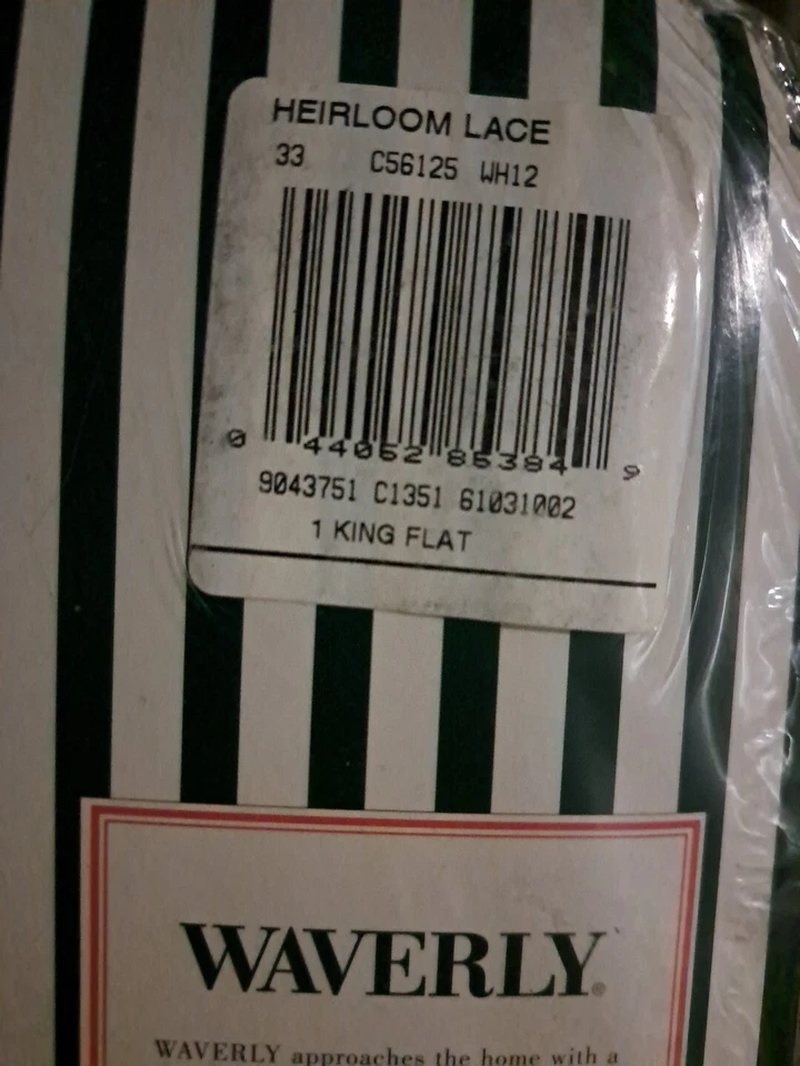 Sábana plana Waverly By Fieldcrest algodón satén 230 quilates blanco RELIQUIA encaje king Foto 3 de 3