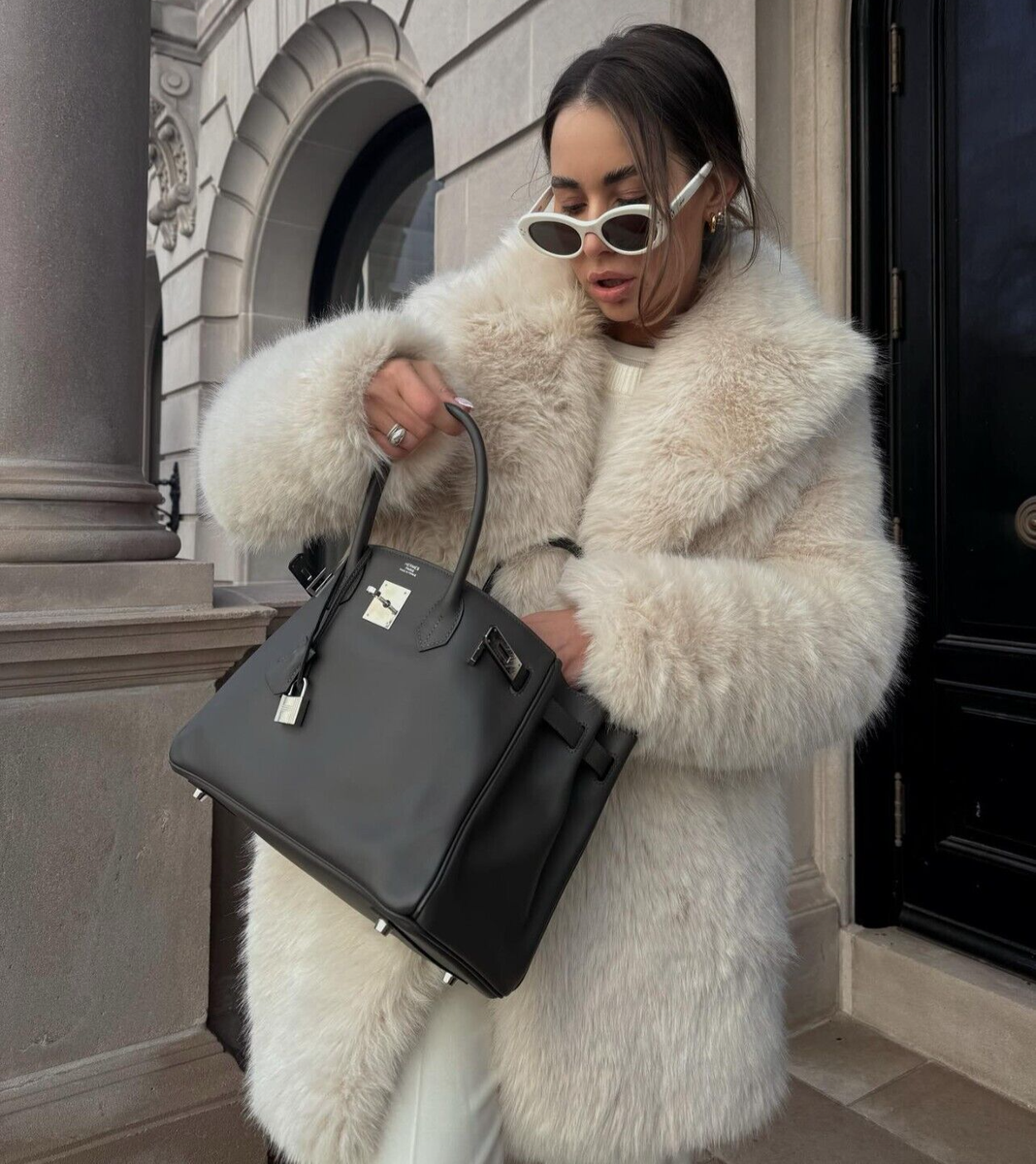 Zara Faux Fur Collared Coat Ecru Cream Beige Off White Size S M